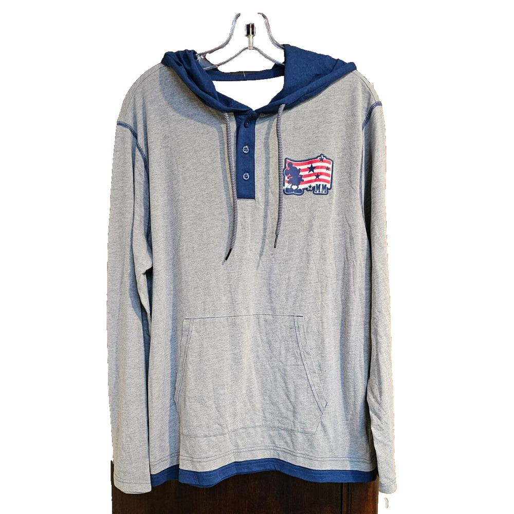 NEW Disney Parks T-Shirt Mens MED Gray Blue Mickey‎ Mouse Hooded Long Sleeve Tee